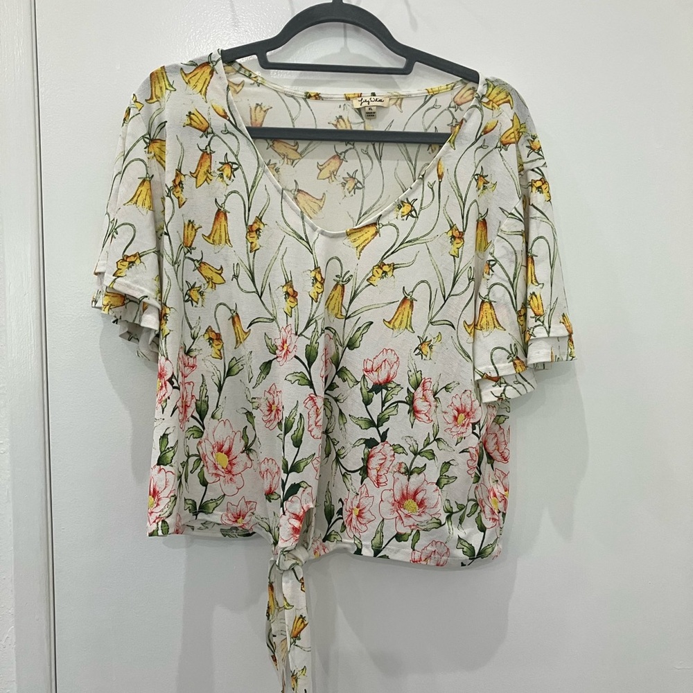 Lily White Floral Tie-Front Crop Blouse